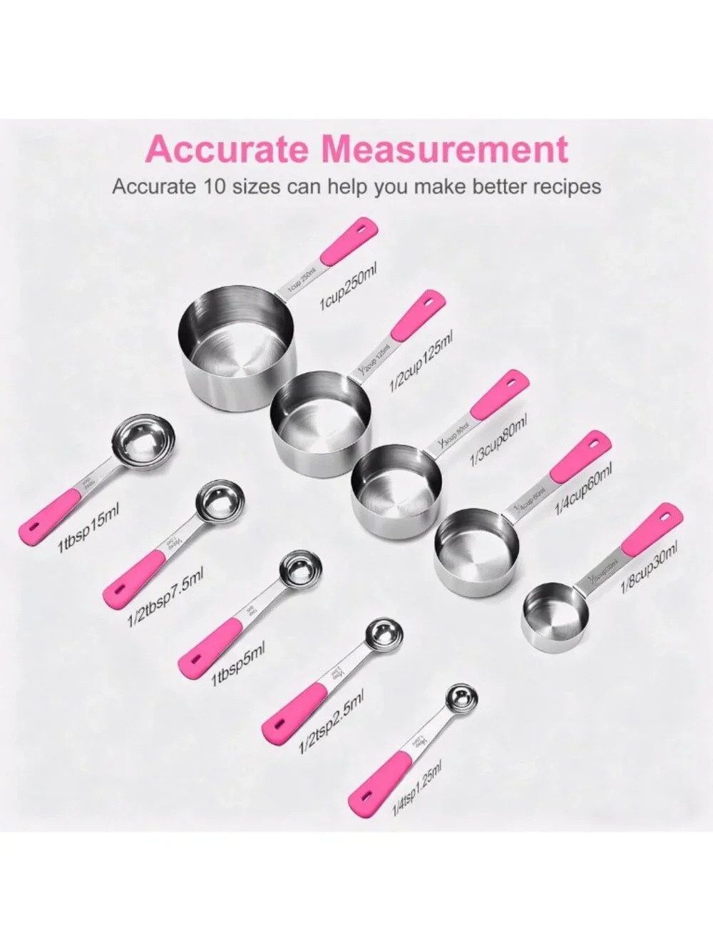 10-Piece Stainless Steel Measuring Cups & Spoons Set for Cooking & Baking - Pink